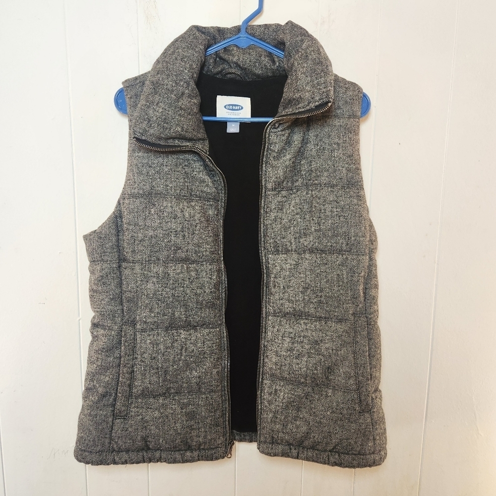 Old Navy Womens Gray Herringbone Full Zip Fleece Puffer Vest Wool Blend Sz Med - Picture 3 of 16